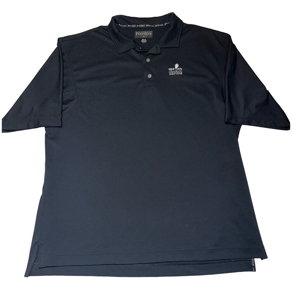 FJ Footjoy Men's Size XL Black Polyester Stretch Polo Golf Shirt River Oaks Logo